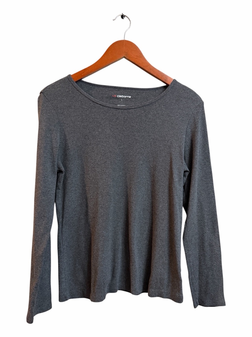 Liz Claiborne Charcoal Gray Boat Neck Long Sleeve Cotton Top Size L